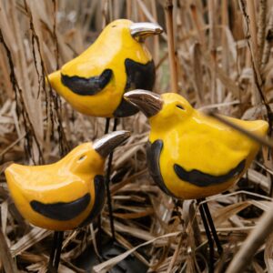 KOMPLET Ptaków ŻÓŁTYCH na Metalowej Podstawie 3szt.